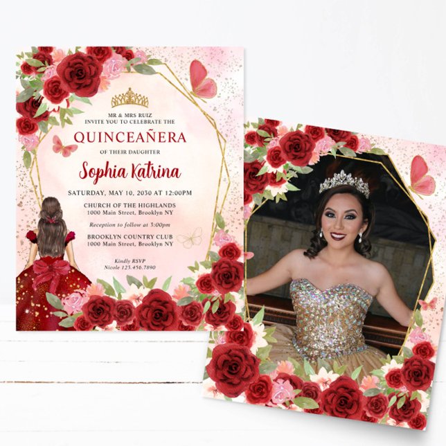 Budget Red Gold Floral Princess Quinceañera Photo (Creator Uploaded)