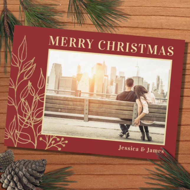 Budget Red Gold Foliage Photo Merry Christmas Card (Creator Uploaded)