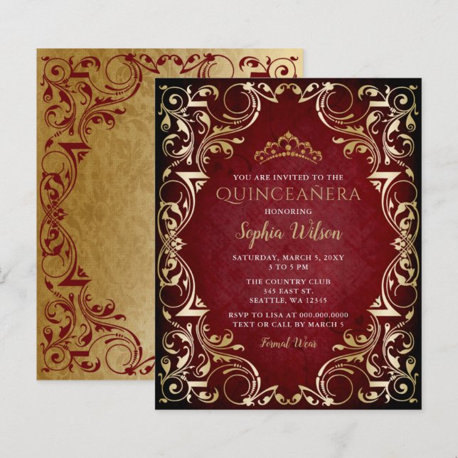 Budget Red Gold Tiara Quinceañera Invitation (Front/Back)