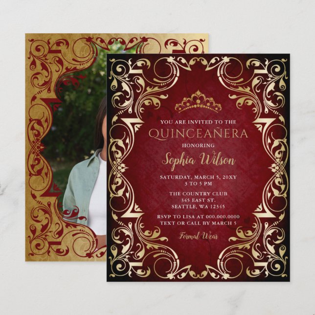 Budget Red Gold Tiara Quinceañera Photo Invitation (Front/Back)