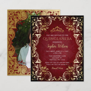 Budget Red Gold Tiara Quinceañera Photo Invitation