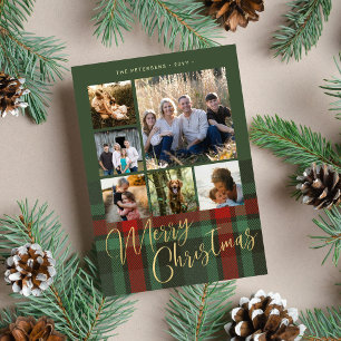 Budget red green plaid multiphoto Merry Christmas 
