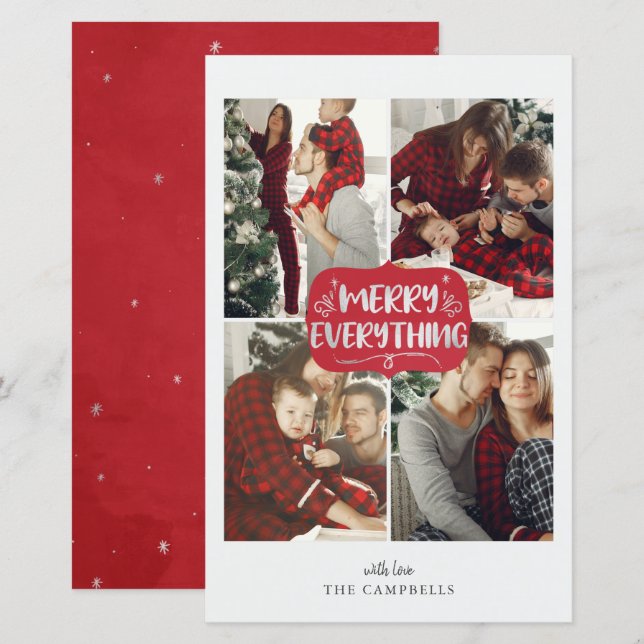 Budget Red Merry Everything 4 photo holiday card (Front/Back)