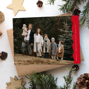 Budget Red Modern Wavy Two Photo Christmas  Holiday Card