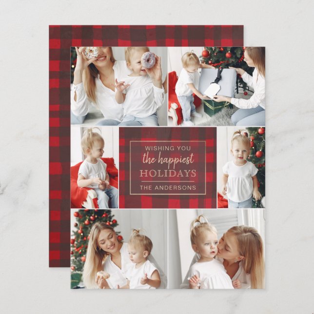 Budget Red Plaid Six Photos Collage Holiday Card (Front/Back)