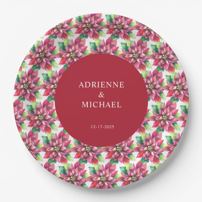 Budget Red Poinsettia Christmas Wedding  Paper Plate (Front)