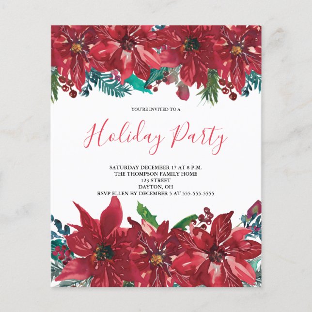 Budget Red Poinsettia Holiday Party Invitation (Front)
