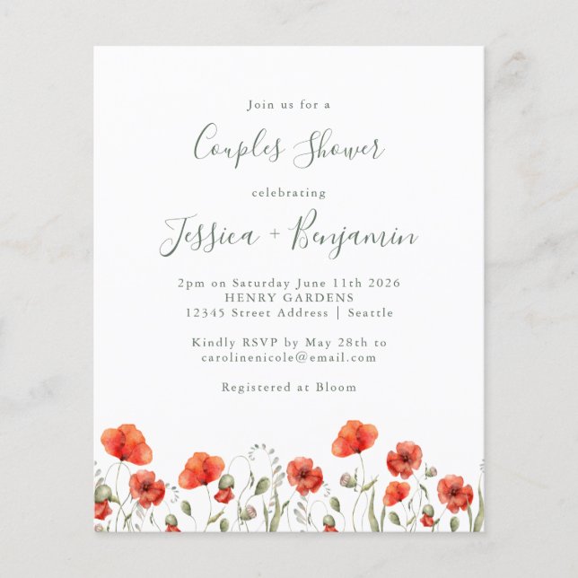 Budget Red Poppy Garden Floral Couples Shower   (Front)