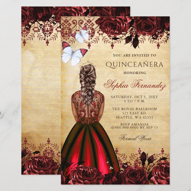 Budget Red Princess Quinceañera Invitation (Front/Back)