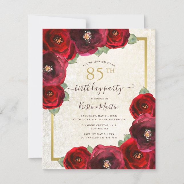 Budget Red Rose Floral 85th Birthday Party Invite (Front)