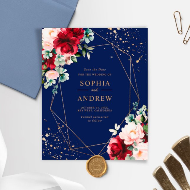 Budget Red Rose & Gold Floral Save the Date Invite (Creator Uploaded)