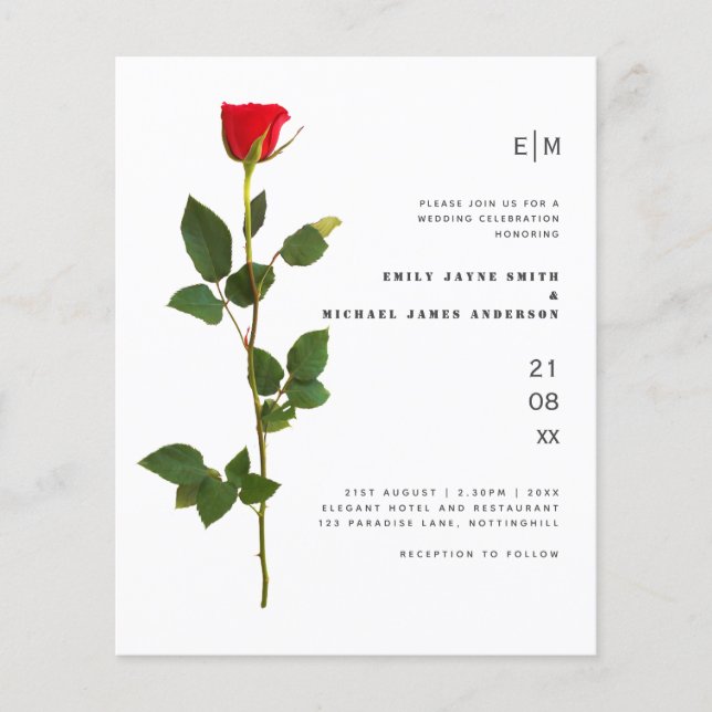 Budget Red Rose Modern Simple Wedding Invite (Front)