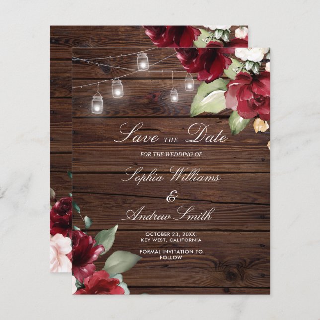 BUDGET Red Rose Rustic Wood Save The Date (Front/Back)