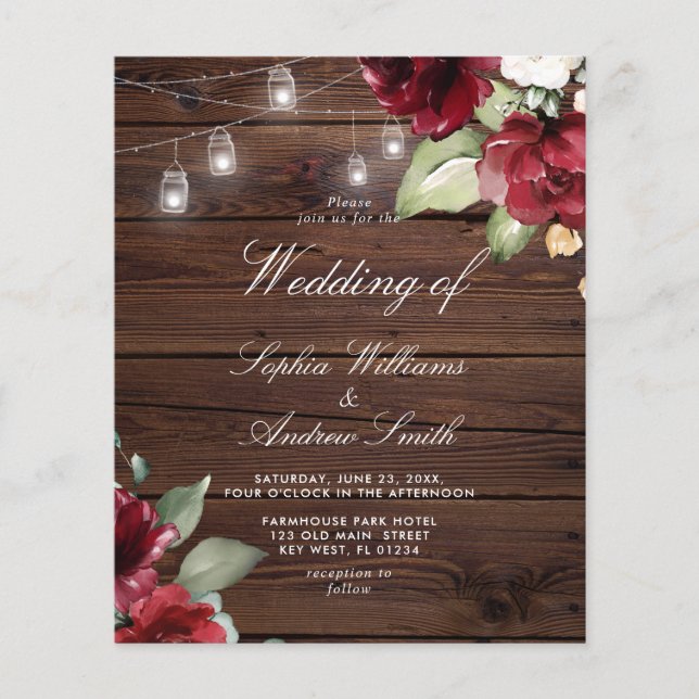 Budget Red Rose Rustic Wood Wedding Invitation (Front)