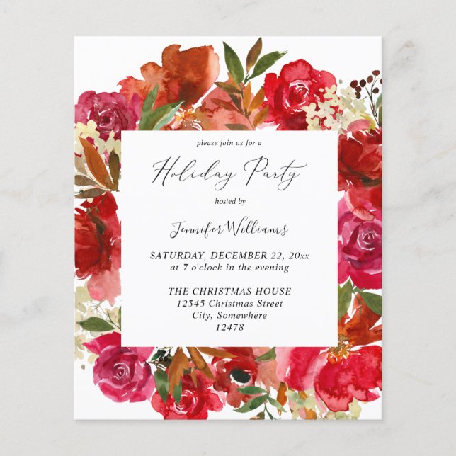 Budget Red Rose & White Floral Holiday Party Flyer (Front)