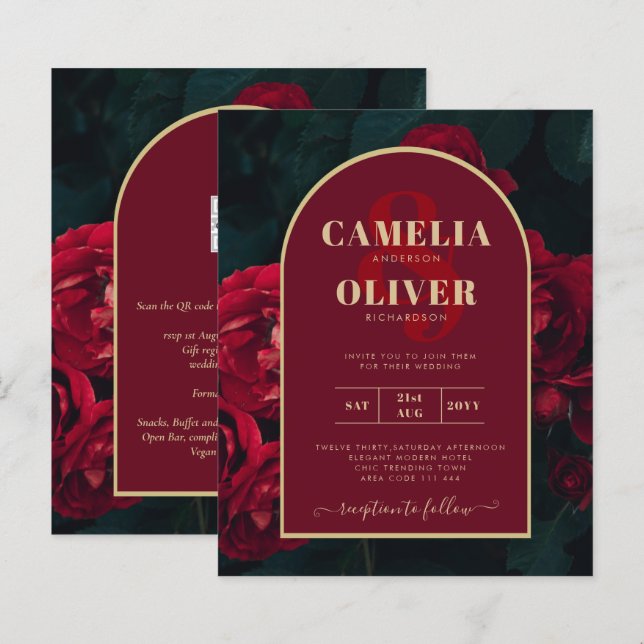 BUDGET Red Roses ForestGreen Winter Wedding INVITE (Front/Back)