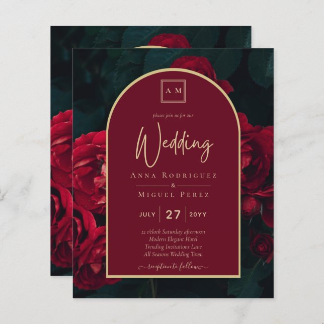 BUDGET Red Roses ForestGreen Winter Wedding INVITE (Front/Back)