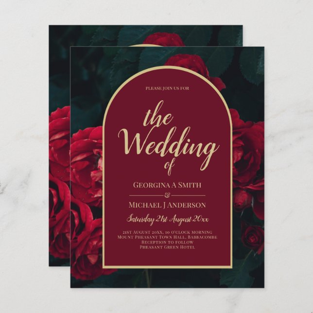 BUDGET Red Roses ForestGreen Winter Wedding INVITE (Front/Back)