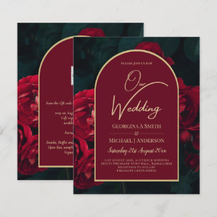 BUDGET Red Roses ForestGreen Winter Wedding INVITE