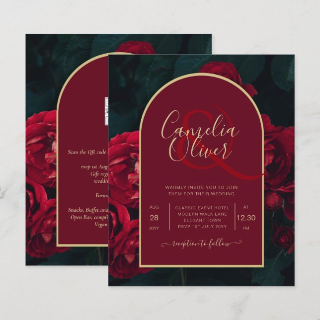 BUDGET Red Roses ForestGreen Winter Wedding INVITE (Front/Back)
