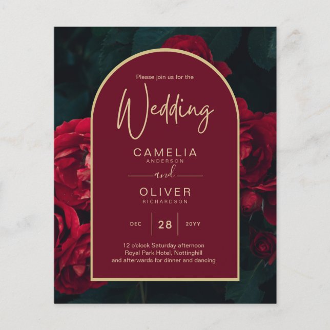 BUDGET Red Roses ForestGreen Winter Wedding INVITE Flyer (Front)