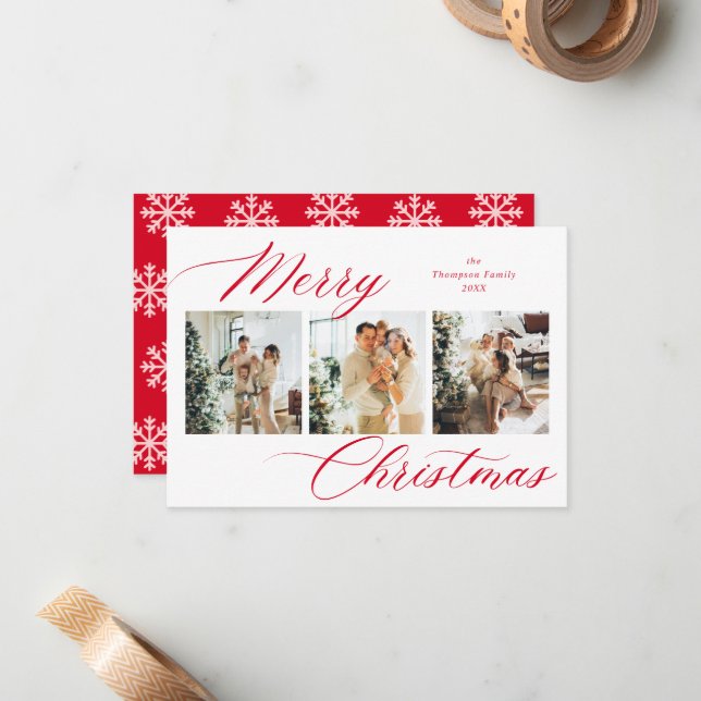 Budget Red Script Merry Christmas Photo Collage Card (Front/Back In Situ)