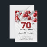 Budget Red Silver Balloon Glitter 70th Birthday Card<br><div class="desc">Modern Glam Burgundy Red Silver Balloon Glitter Sparkle Any Age Birthday Invitation</div>