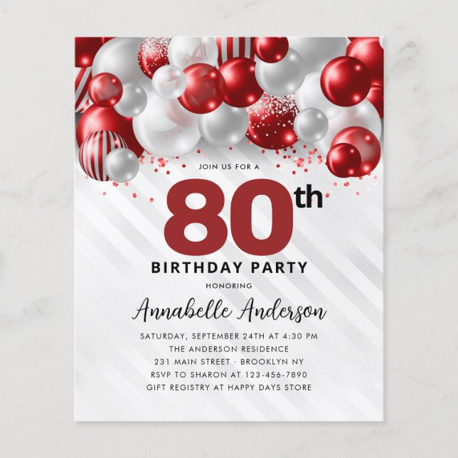 Budget Red Silver Balloon Glitter 80th Birthday (Front)