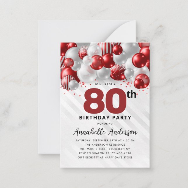 Budget Red Silver Balloon Glitter 80th Birthday Card (Front)