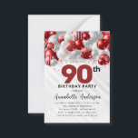 Budget Red Silver Balloon Glitter 90th Birthday Card<br><div class="desc">Modern Glam Burgundy Red Silver Balloon Glitter Sparkle Any Age Birthday Invitation</div>