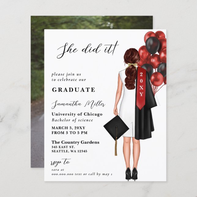 Budget Red Simple Photo She Did It Graduation (Front/Back)
