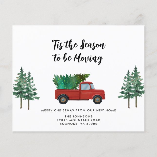 Budget Red Truck Christmas Tree New Address Card (Front)