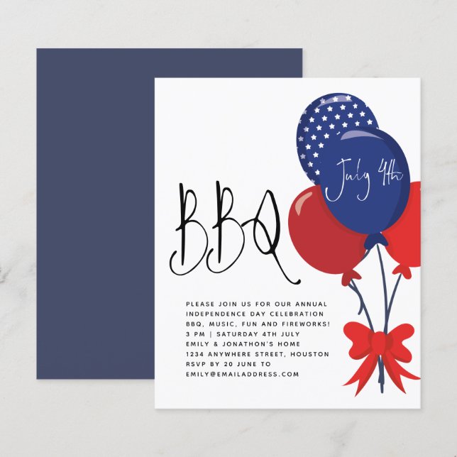 Budget Red White Blue Balloons July 4 BBQ Invite  (Front/Back)