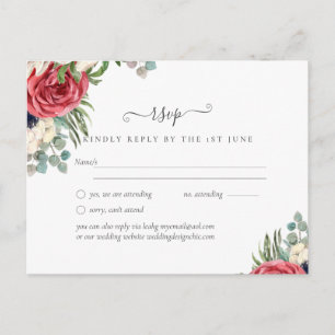 Budget Red White Blue Floral Wedding RSVP Postcard