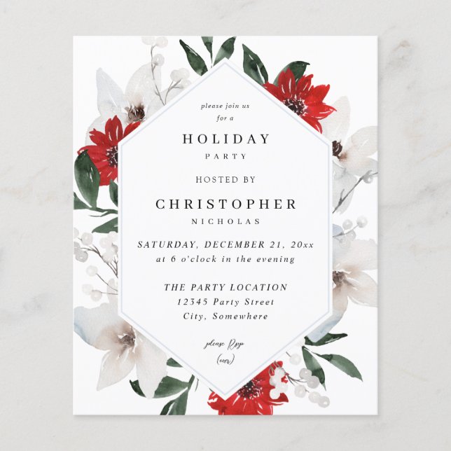 Budget Red & White Christmas Holiday Floral Party Flyer (Front)