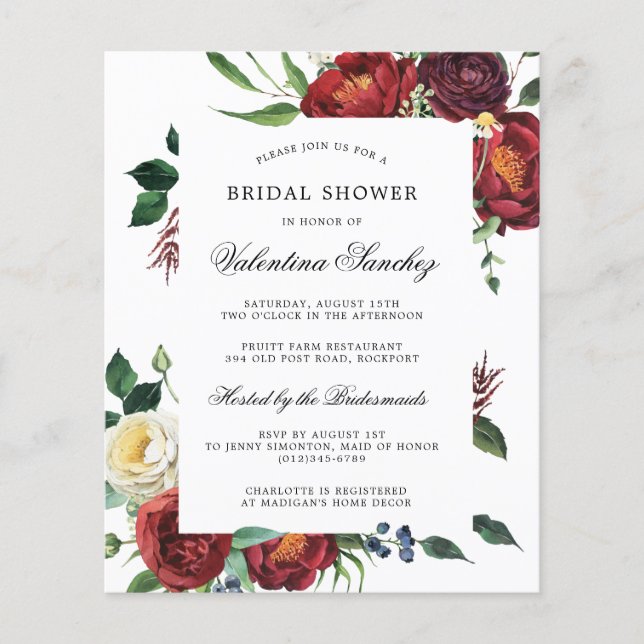 Budget Red White Floral Bridal Shower Invitation (Front)