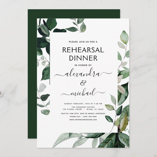 Budget Rehearsal Dinner Foliage Greenery Elegant Invitation (Front/Back)