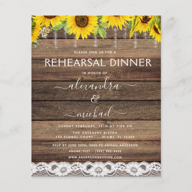 Budget Rehearsal Dinner Sunflower Rustic  Flyer (Front)