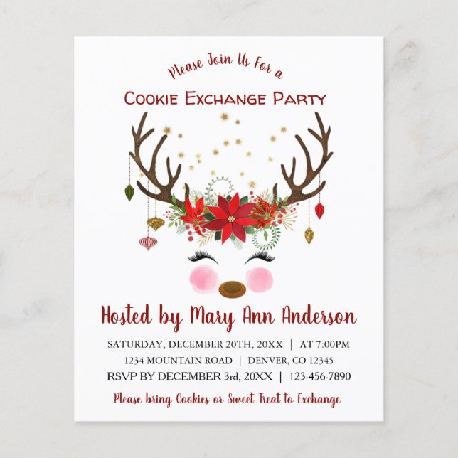 Budget Reindeer Christmas Cookie Exchange Party Flyer (Front)