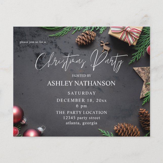 Budget Reindeer & Pine Rustic Christmas Party Flyer (Front)