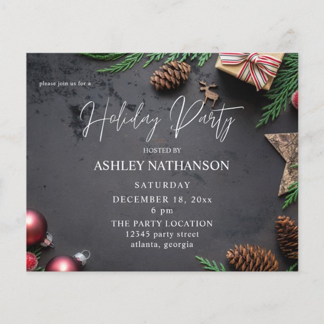 Budget Reindeer & Pine Rustic Holiday Party Flyer (Front)