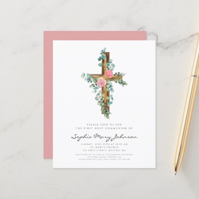 Budget Religious Pink Floral Cross First Communion (Front/Back In Situ)