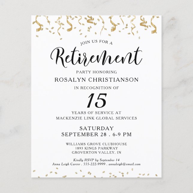 Budget Retirement Party Confetti Script Invitation (Front)