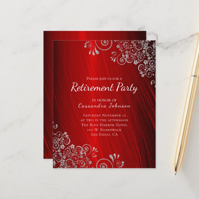 Budget Retirement Party  Ruby Red Invitation (Front/Back In Situ)