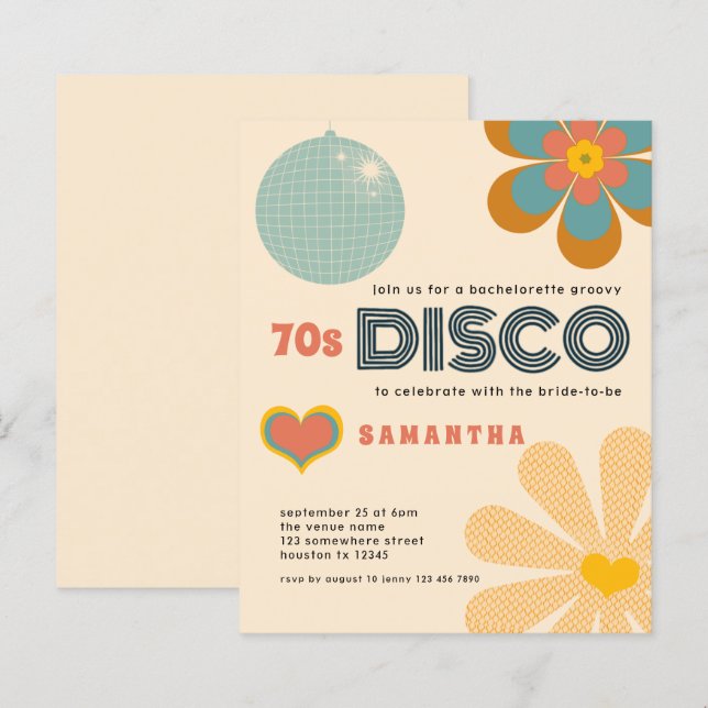 Budget Retro 70s Disco Bachelorette Party Invite (Front/Back)