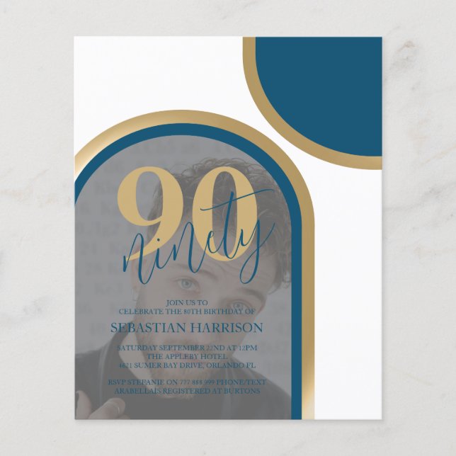 Budget Retro Blue And Gold Photo Birthday (Front)