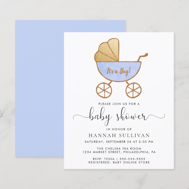 Budget Retro Blue Carriage Baby Boy Shower Invite (Front/Back)