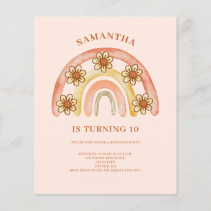 Budget Retro Boho Rainbow 10th Birthday Invitation