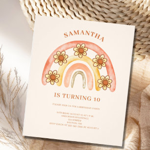 Budget Retro Boho Rainbow 10th Birthday Invitation Flyer