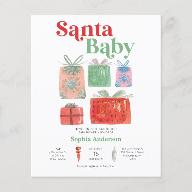Budget Retro Christmas Santa Baby Shower Invite Flyer (Front)
